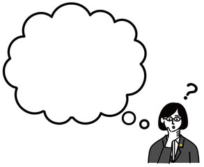 女性　ミドルエイジ 士業　メガネ　スーツ　ベクター　ポップ　考えている　はてな　空欄
