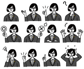 女性　ミドルエイジ スーツ　士業　メガネ　ベクター　ポップ　セット
