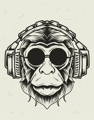 illustration vector monkey headphones head monochrome style