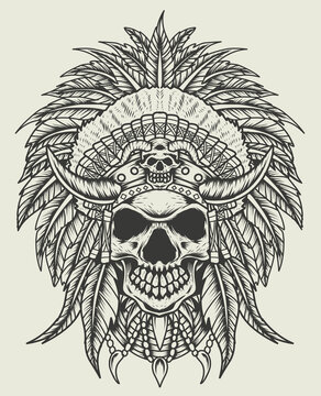 illustration vector indian apache skull head monochrome style