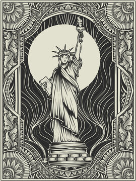 Illustration vector Liberty statue with vintage engraving ornament