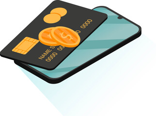 Credit card, banknotes and dollar coins transfer with mobile phone to pay now. Money transfer, digital payment, online cashback service concept. Isometric 3D website app landing web page template