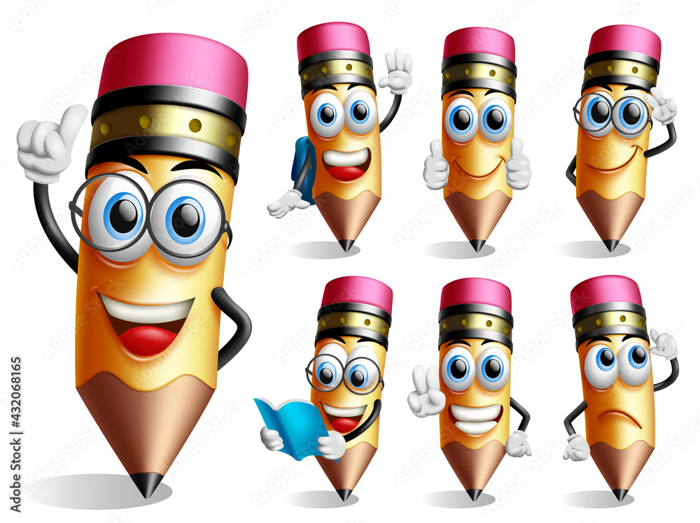 Poster pencils character vector set. pencil 3d characters in thinking and reading pose and gestures isolate