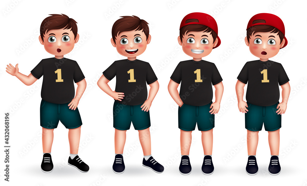 Poster male character vector set. boy 3d characters in friendly and standing pose and gestures isolated in 
