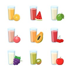 Cartoon comic vector set of 9 fruit juices and glasses