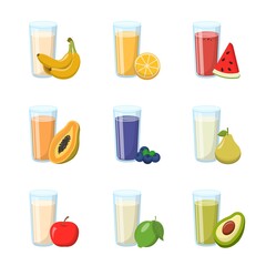 Cartoon comic vector set of 9 fruit juices and glasses