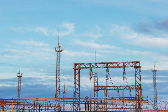 power station lines lightning rods clouds atmosphere in a thunder.