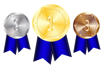 Winner award. Medal blue ribbon, great design for any purposes.  Number one. Win prize. Stock image. Vector illustration. EPS 10.