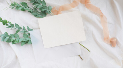 Photostock wedding styled composition. Feminine desktop mockup scene with leaves, silk ribbon,...