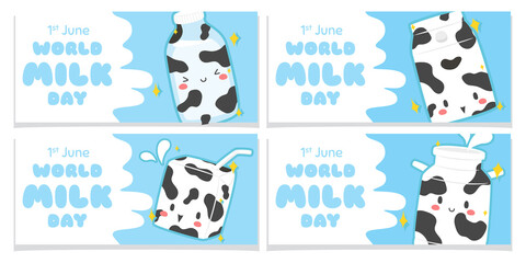 Cute milk World Milk Day banner vector set