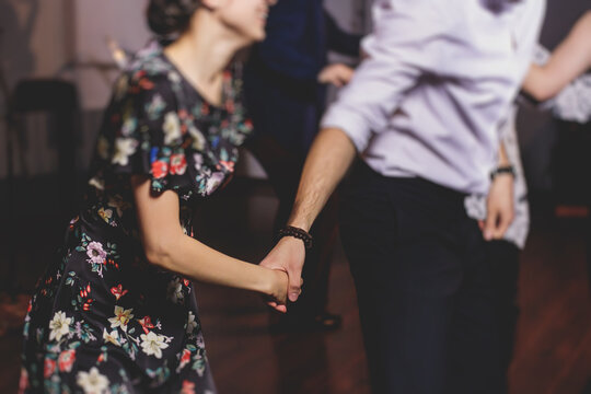 Young Couple Dance Retro Jazz Swing Dances On A Ballroom Club Wooden Floor In Retro Vintage Clothes Dress, Female And Male, Rock Dance Lessons, Process Of Dancing