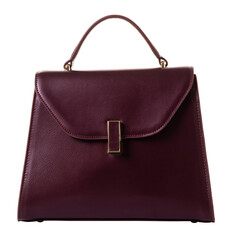 Business women's A-line bag made of genuine burgundy leather with one handle. The model is closed with a flap on the clasp