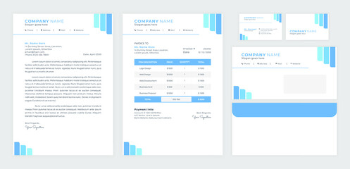 Set of blue corporate identity, including letterhead, invoice, envelope and business card
