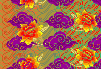 Fototapeta na wymiar Painting of Indonesian Javanese batik cloth, seamless line pattern, megamendung motif, with various artistic colors