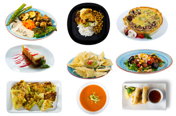 Collection of vegan meals isolated on white background..