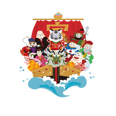 年賀状素材　2022年　宝船と虎のイラスト　寅年