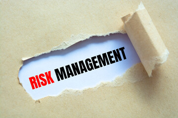 Torn brown paper on white surface with "risk management" word.