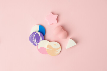 Set of Cosmetic colorful sponges on pink background, copy space, beauty, difference concept, Cosmetology tools for make up artists, visage, beutician industry banner, abstract, copy space