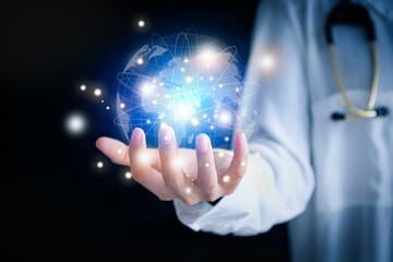 Hand of Doctor and medical network world connection with modern virtual screen interface.