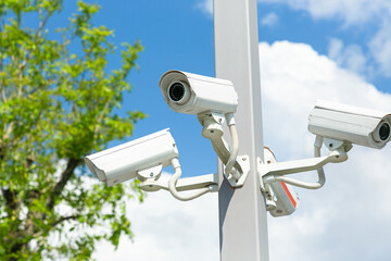 IP CCTV camera. Concept of surveillance and monitoring camera with parking security system concept. - 432072738