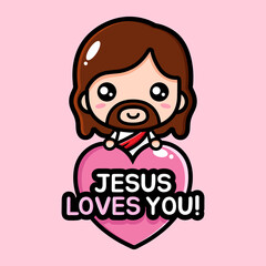 cute cartoon jesus vector design holding a heart with jesus love you writing