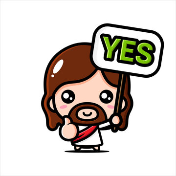 cute jesus cartoon vector design holding sign with yes writing