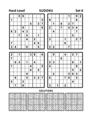 Four sudoku puzzles of hard level, solutions included. Set 4.
