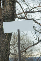 rectangular shape of the sign with a gray color key the place for the layout is hanging on a tree background