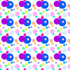 Seamless pattern with multi-colored yellow, orange, green, pink, purple, blue bright circles on a white background. Use for fabric, textile, napkins, packaging, web design, children's things.