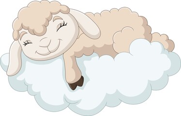 Cartoon baby sheep sleeping on the clouds