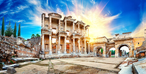 Panorama of Library of Celsus in Ephesus under dramatic sky - obrazy, fototapety, plakaty