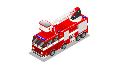 Fire truck with retractable escape ladder. Vector illustration in the isometric style.