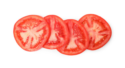 Slices of ripe tomato on white background, top view