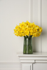 Beautiful daffodils in vase on table near white wall indoors