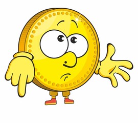 Gold coin, cute cartoon emoticon mascot. Golden Coin Cartoon Character For Business And Finance Concepts.