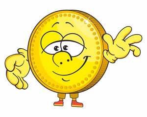 Gold coin, cute cartoon emoticon mascot. Golden Coin Cartoon Character For Business And Finance Concepts.