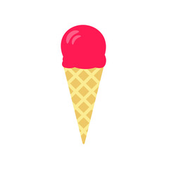 Flat vector illustration of waffle cone with ball of strawberry or raspberry ice cream or gelato in hot pink color. Isolated on white background.