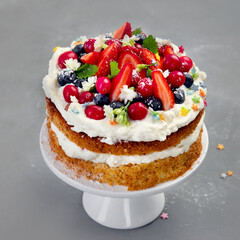 Delicious homemade cake with fresh berries and mascarpone cream on gray background.