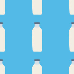 Seamless pattern of milk bottles in hand drawn doodle line style. vector illustration on blue background.