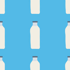 Seamless pattern of milk bottles in hand drawn doodle line style. vector illustration on blue background.