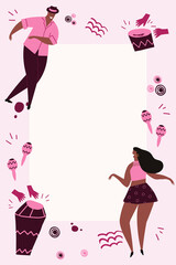 Hand drawn cartoon style vector illustration. Template with bongos, dancers and conga drums in pink colors. Design for card, flyer, invitation with space for text.