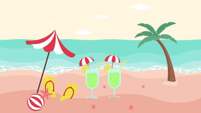 Fresh cocktail with sandals and umbrella on beach