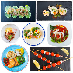 Seafood. Collage of different dishes of cuttlefish and squids on white background..