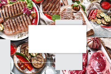Collage of grilled beef steaks with vegetables.