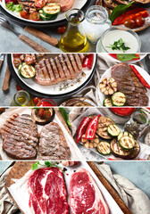 Collage of grilled beef steaks with vegetables.