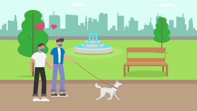 Gay couple in face mask walking with pet in park