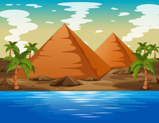 Fototapeta na wymiar Background of a desert landscape with pyramid and lake