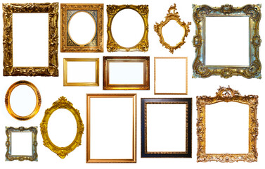 Set of isolated art empty frames in golden and silvery color
