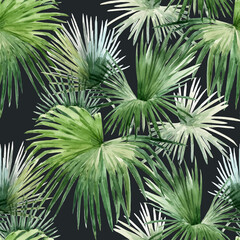 Beautiful vector seamless pattern with watercolor tropical palm leaves. Stock illustration.