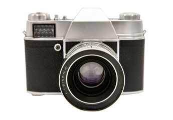 Vintage film photo camera isolated on white background with clipping path. An idea of old camera and memory, Front view, Selective focus.